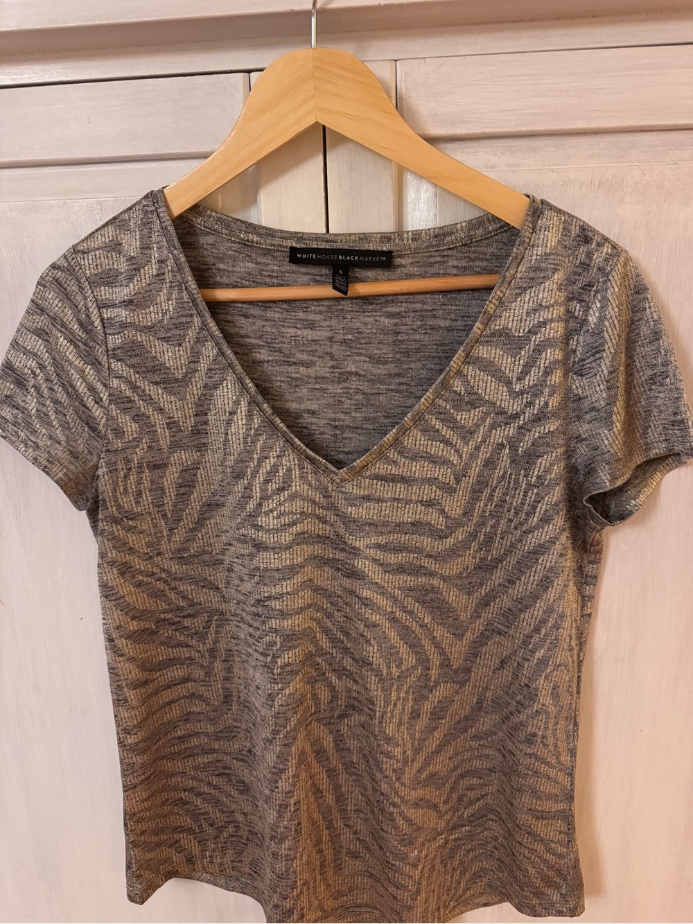 White House Black Market metallic gold V-Neck Short Sleeve Top